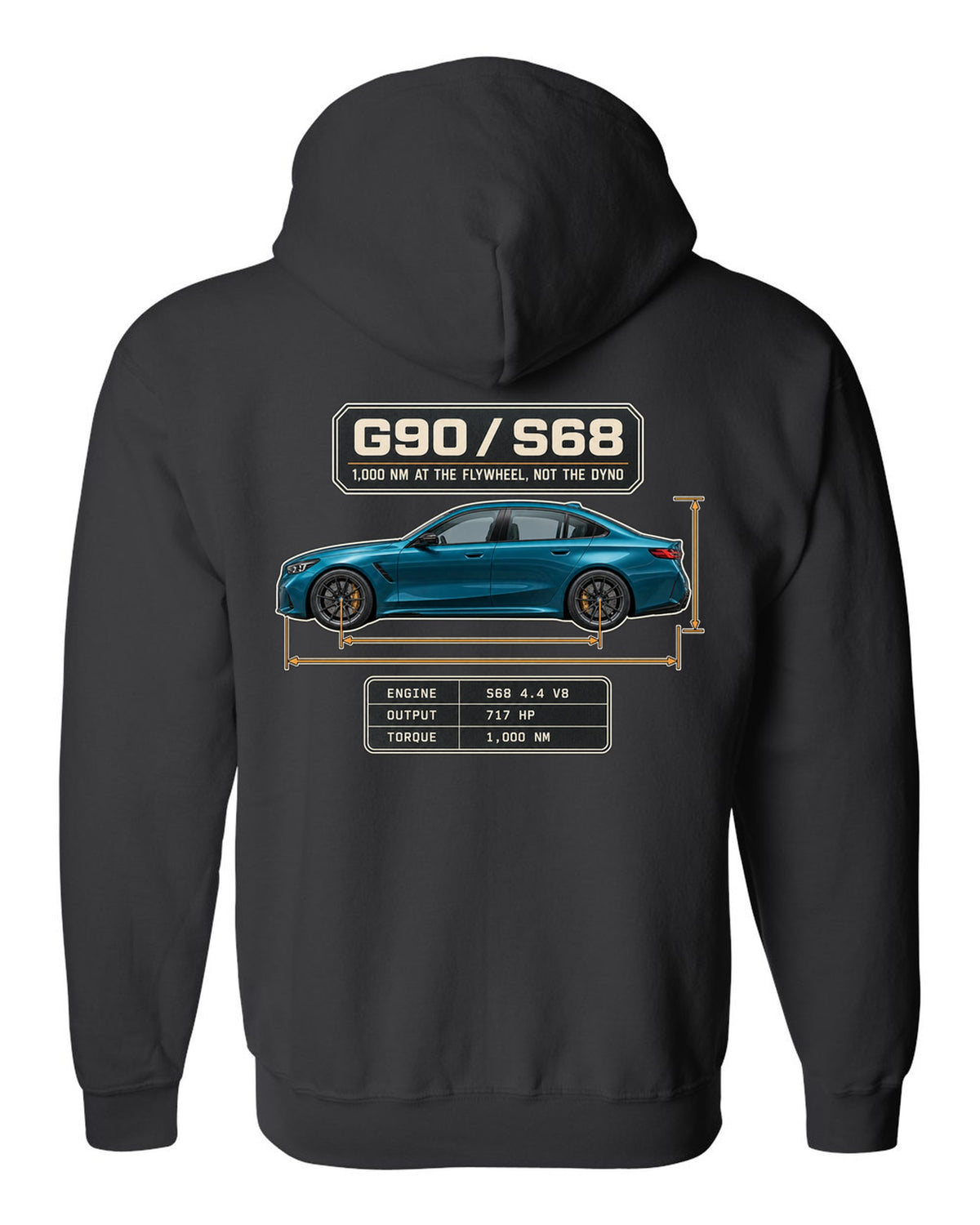BMW M5 G90 sedan dimension blueprint profile print on a tee black zip hoodie back view with the design