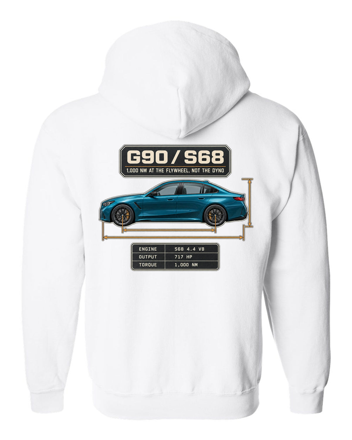 BMW M5 G90 sedan dimension blueprint profile print on a tee white zip hoodie back view with the design