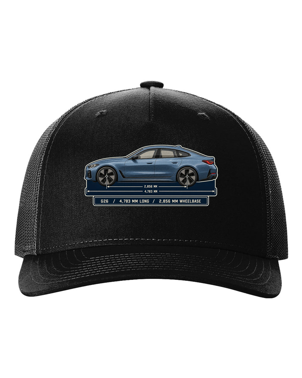 Dimension blueprint print of the BMW i4 M50 G26 Gran Coupe black hat front view with the design