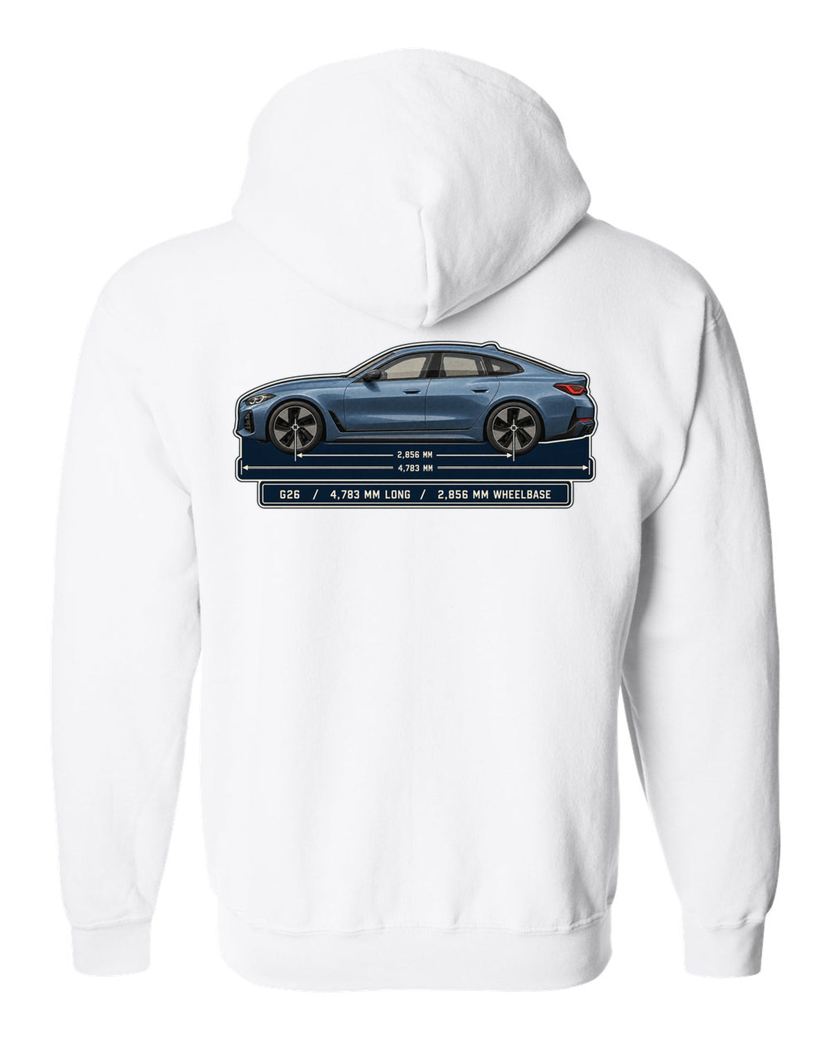 Dimension blueprint print of the BMW i4 M50 G26 Gran Coupe white zip hoodie back view with the design