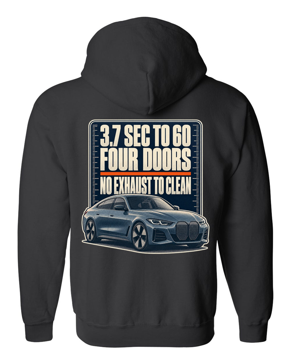 Halftone print of the BMW i4 M50 G26 with 3.7 second 0-60 time black zip hoodie back view with the design