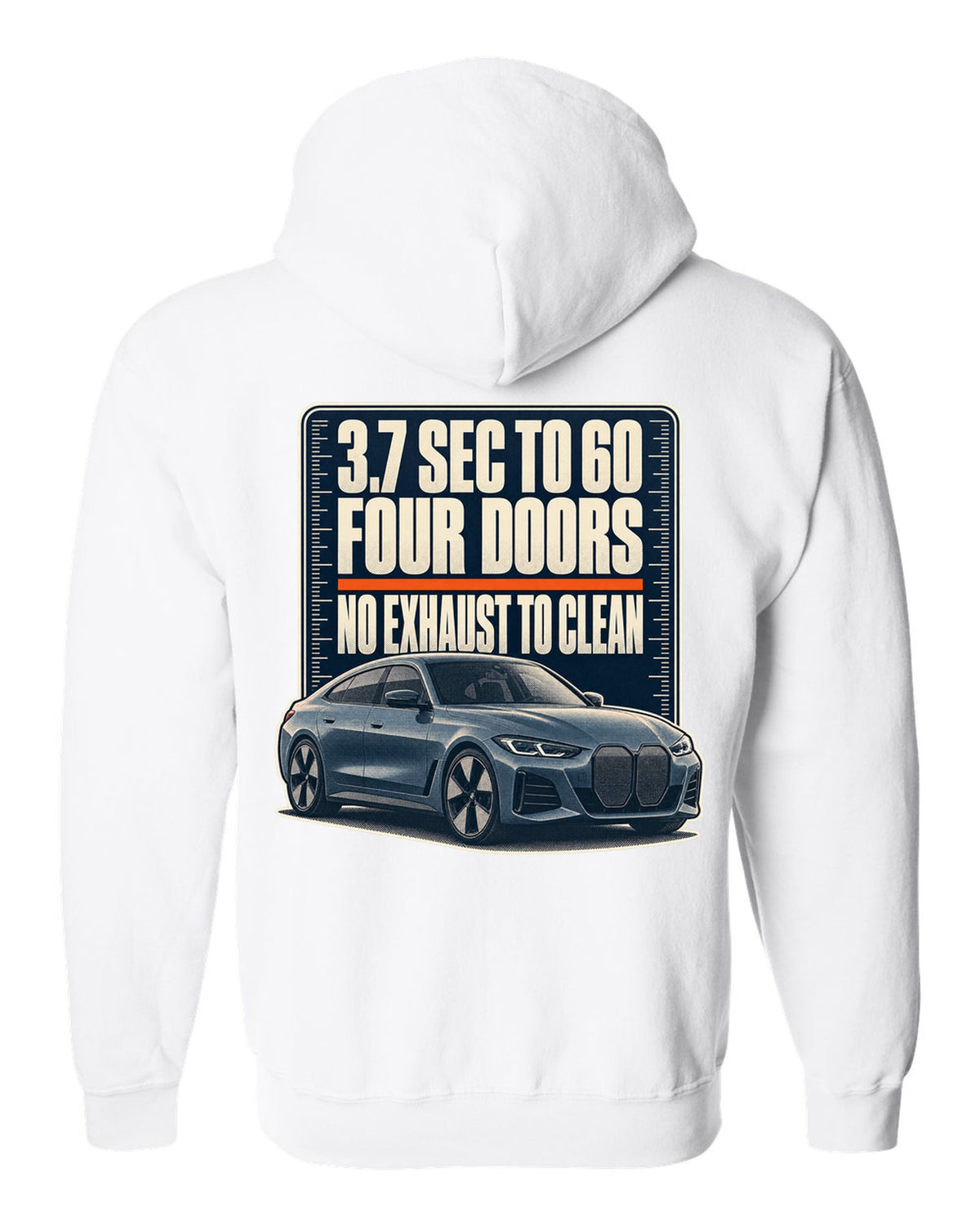 Halftone print of the BMW i4 M50 G26 with 3.7 second 0-60 time white zip hoodie back view with the design