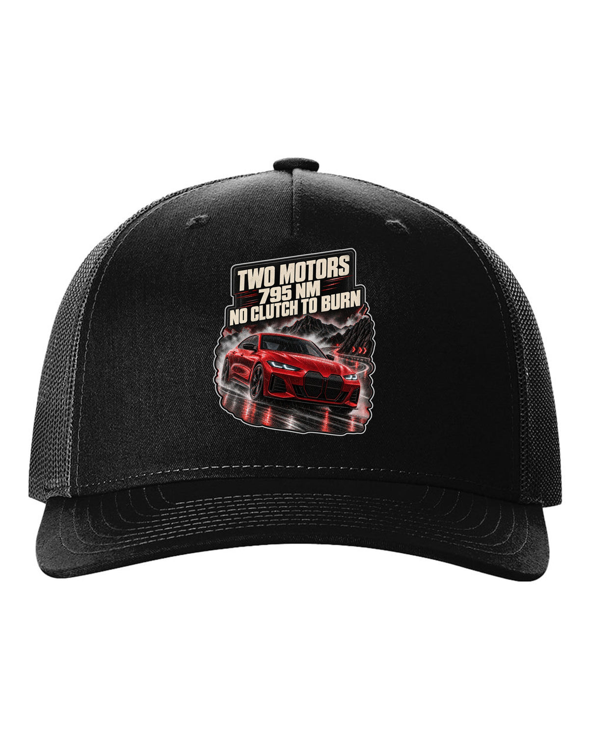 Night touge road print of a BMW i4 M50 G26 with two motors and 795 Nm black hat front view with the design