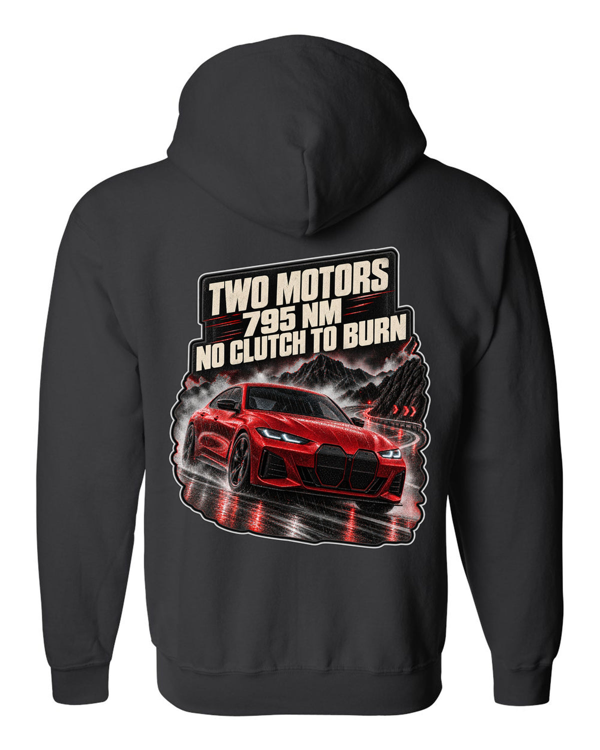 Night touge road print of a BMW i4 M50 G26 with two motors and 795 Nm black zip hoodie back view with the design