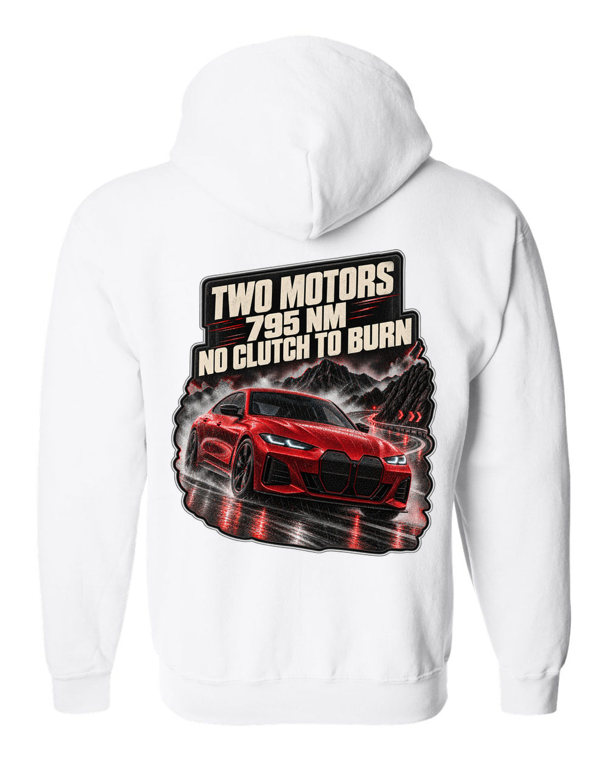 Night touge road print of a BMW i4 M50 G26 with two motors and 795 Nm white zip hoodie back view with the design