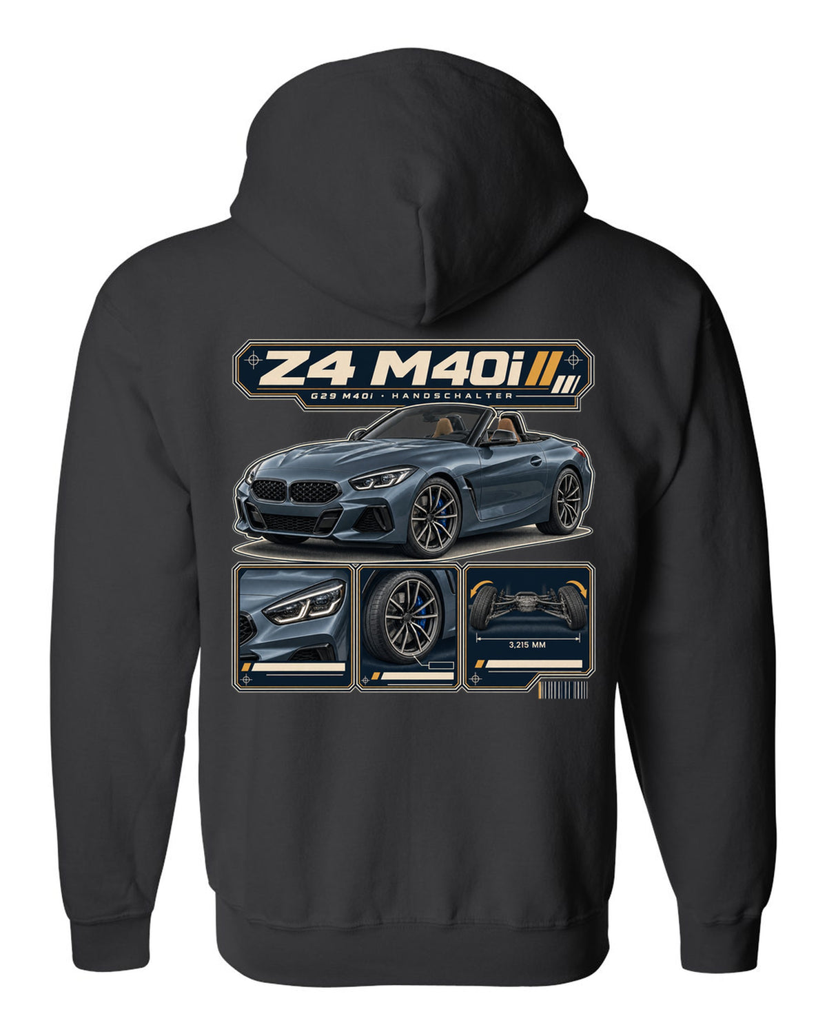 Dossier panel print of the BMW i7 M70 G70 noting rear wheel steering black zip hoodie back view with the design