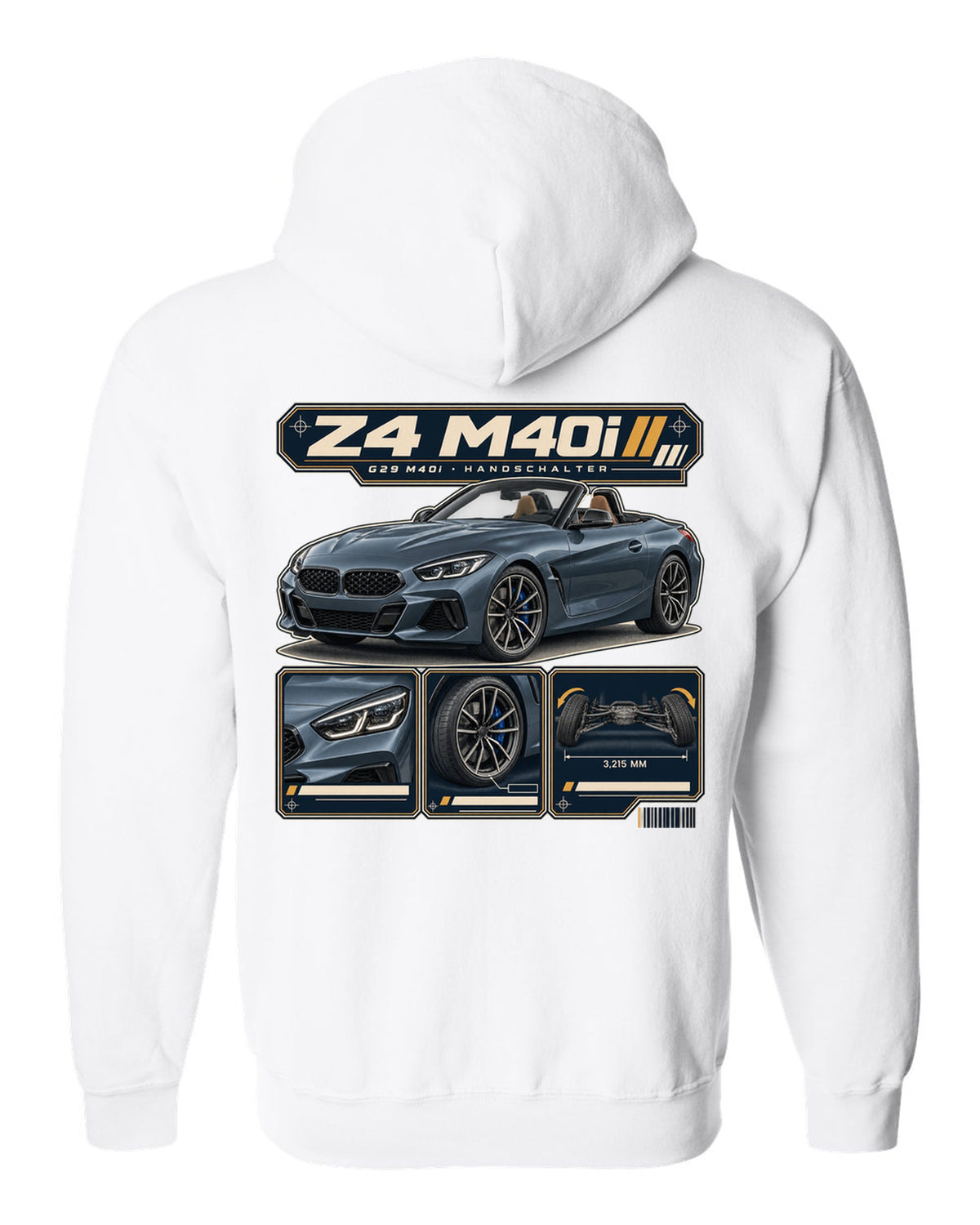 Dossier panel print of the BMW i7 M70 G70 noting rear wheel steering white zip hoodie back view with the design