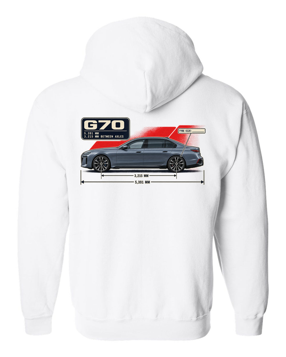 Dimension blueprint print of the BMW i7 M70 xDrive G70 white zip hoodie back view with the design