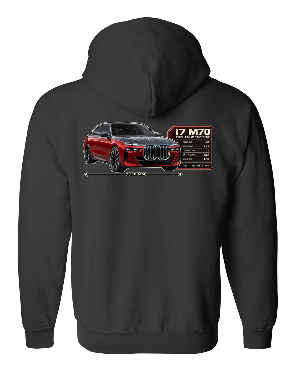 Spec poster print of the BMW i7 M70 xDrive with 650 PS and 1,015 Nm black zip hoodie back view with the design
