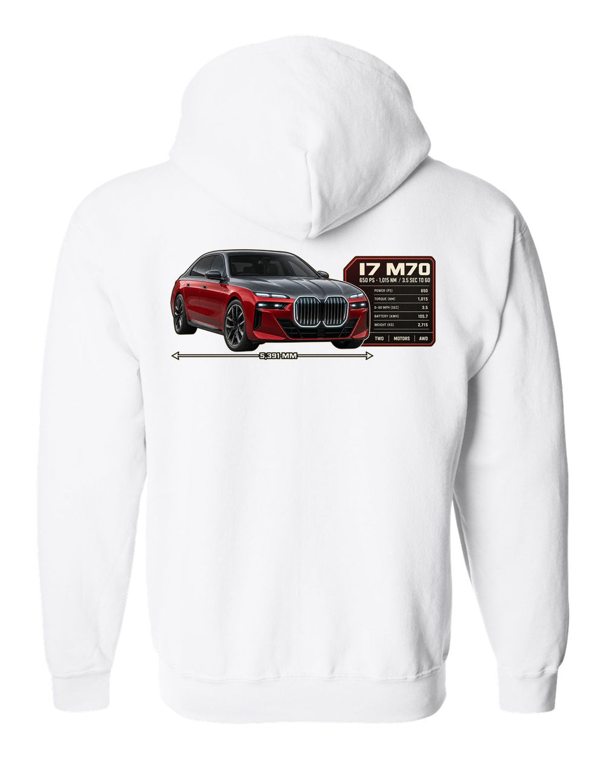 Spec poster print of the BMW i7 M70 xDrive with 650 PS and 1,015 Nm white zip hoodie back view with the design