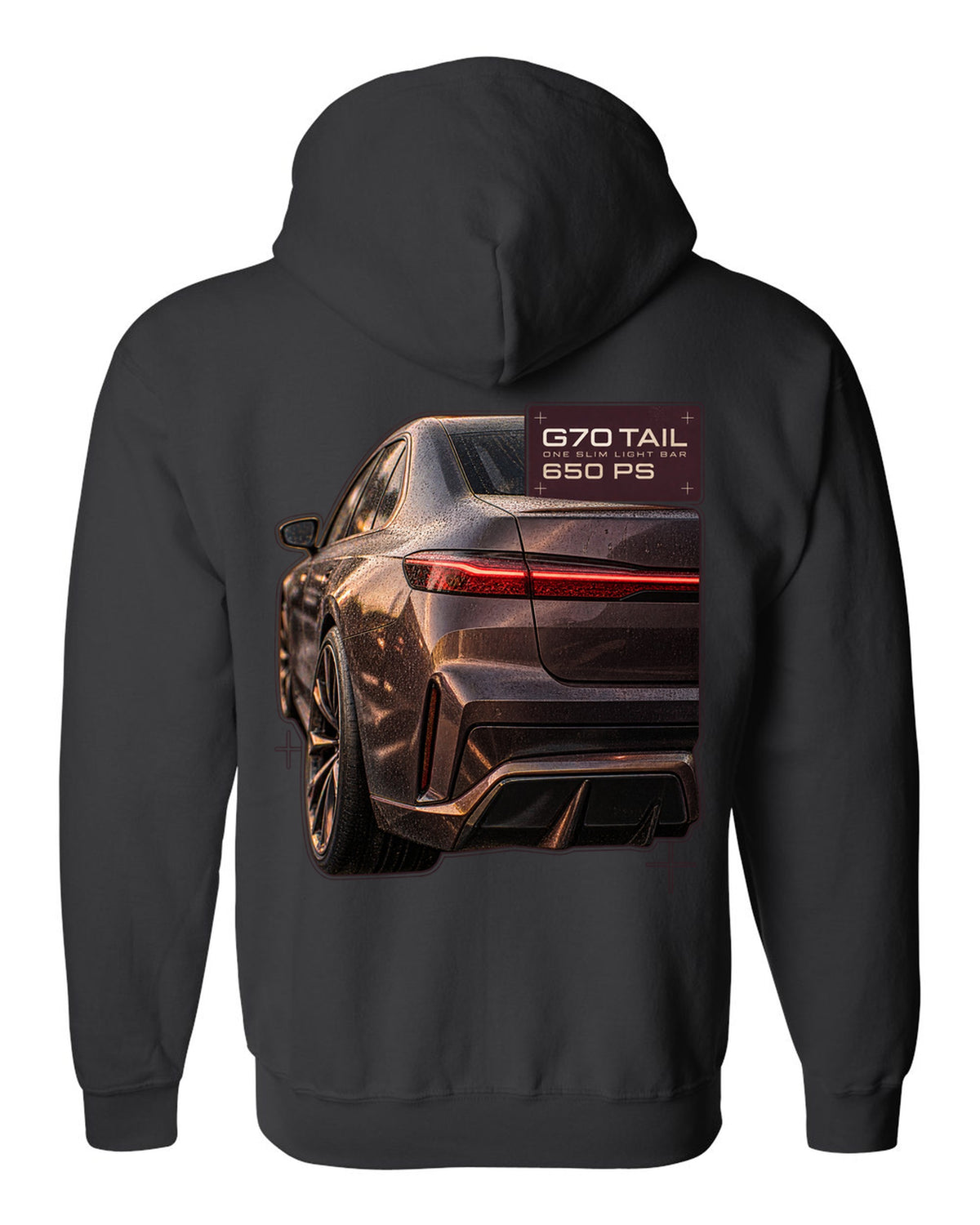 Macro print of the slim taillight bar on a BMW i7 M70 xDrive G70 black zip hoodie back view with the design