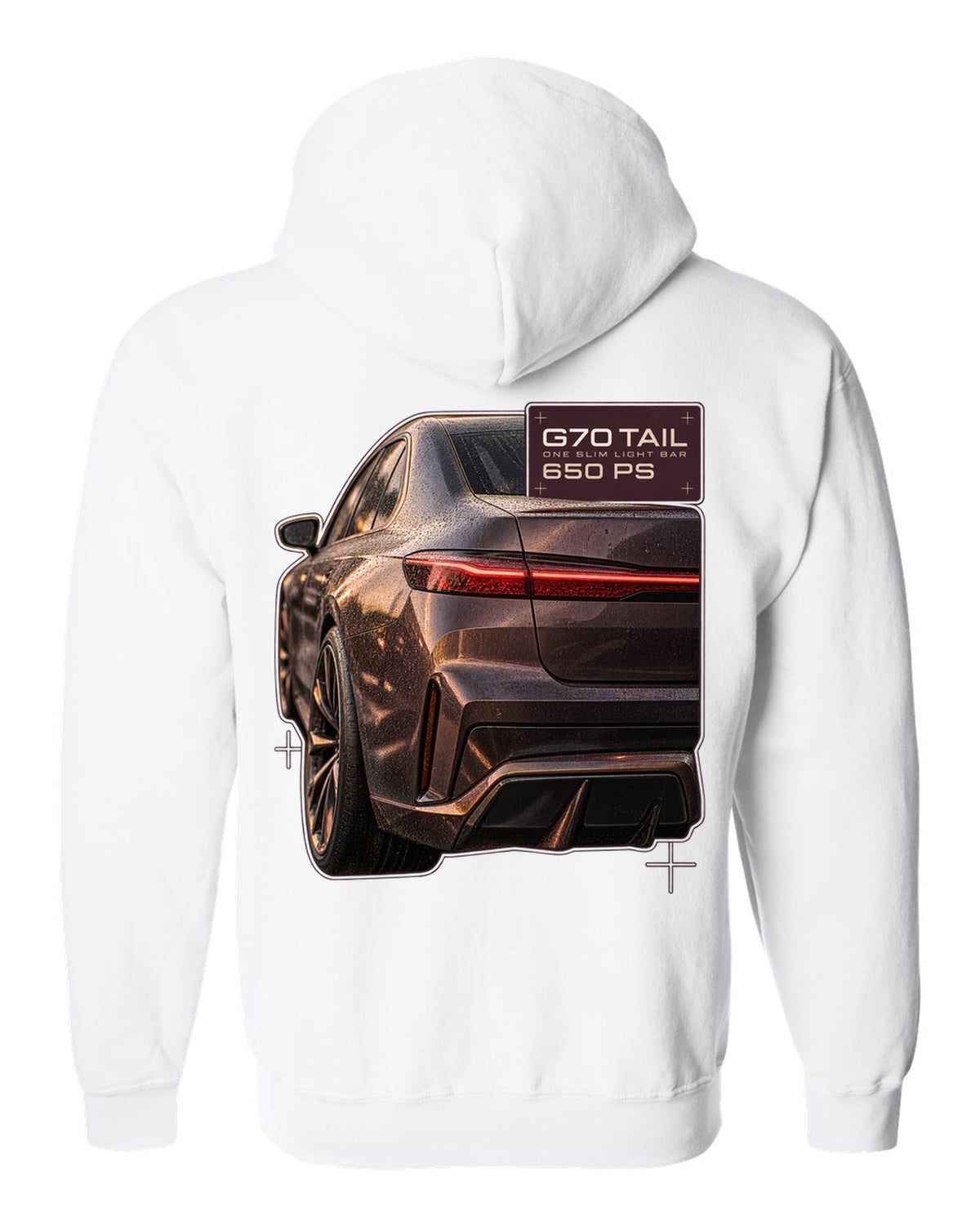 Macro print of the slim taillight bar on a BMW i7 M70 xDrive G70 white zip hoodie back view with the design