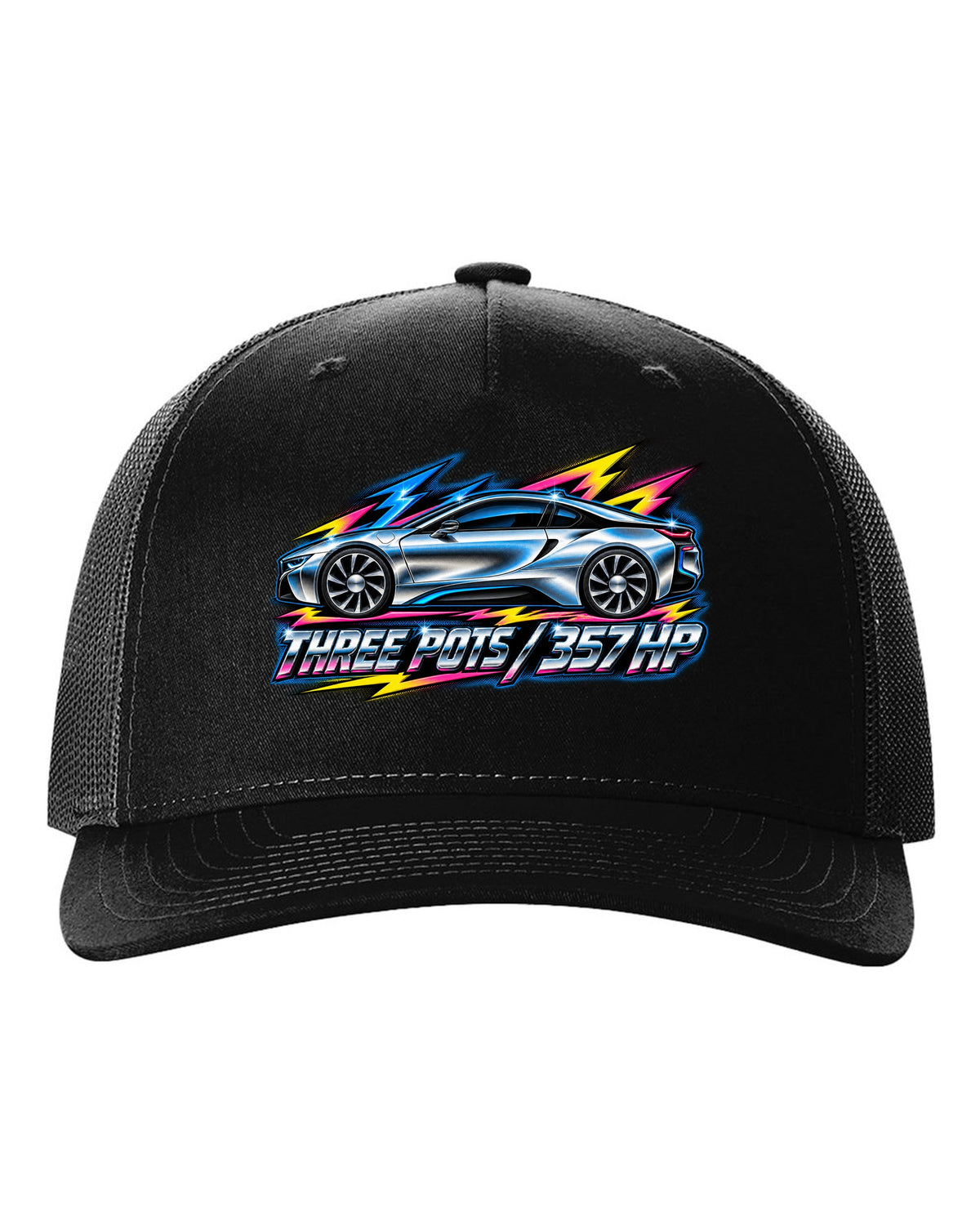 BMW i8 I12 80s airbrush chrome print with three pots 357 HP text black hat front view with the design