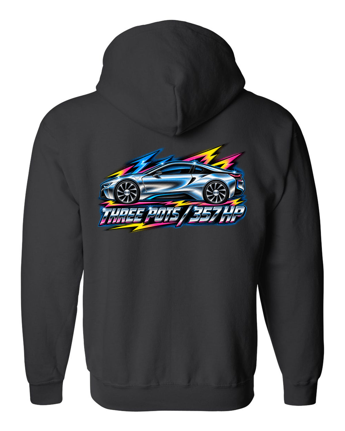 BMW i8 I12 80s airbrush chrome print with three pots 357 HP text black zip hoodie back view with the design