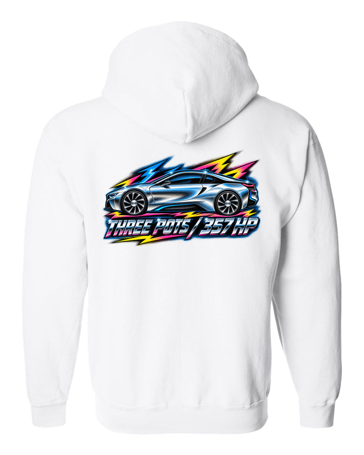 BMW i8 I12 80s airbrush chrome print with three pots 357 HP text white zip hoodie back view with the design