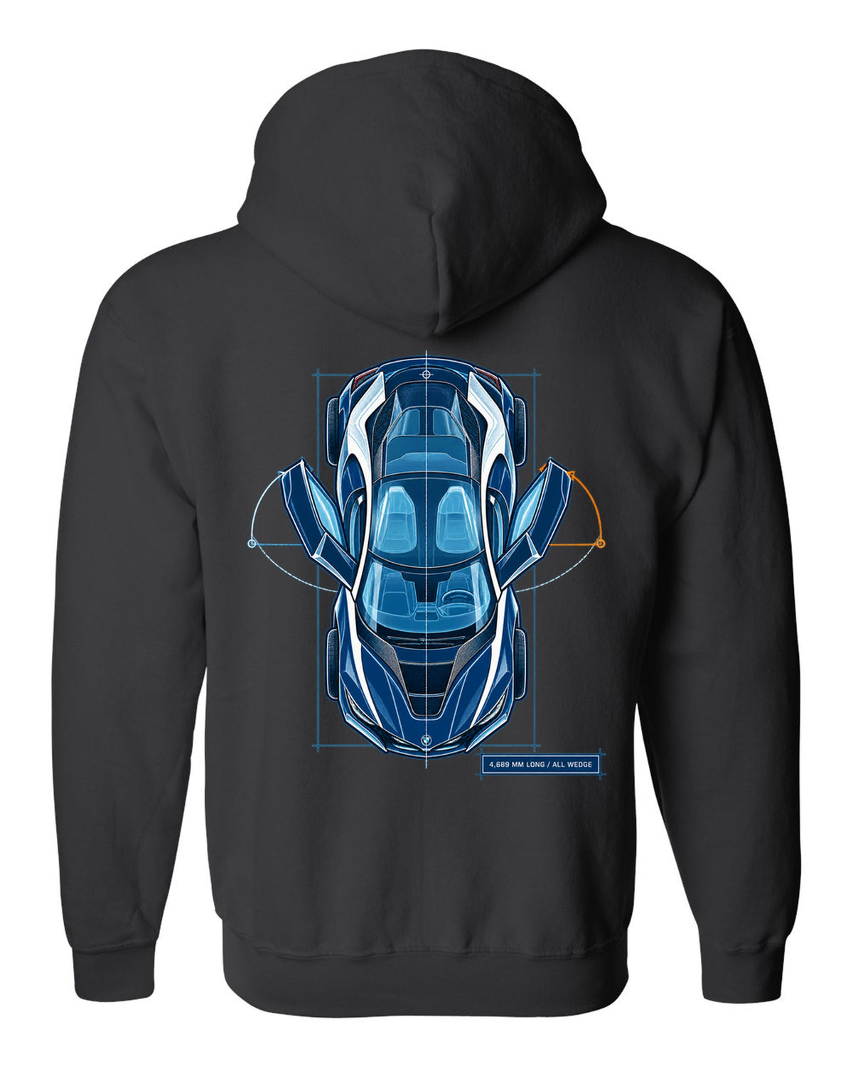 BMW i8 I12 cyanotype blueprint plan view print with 4,689 mm long text black zip hoodie back view with the design