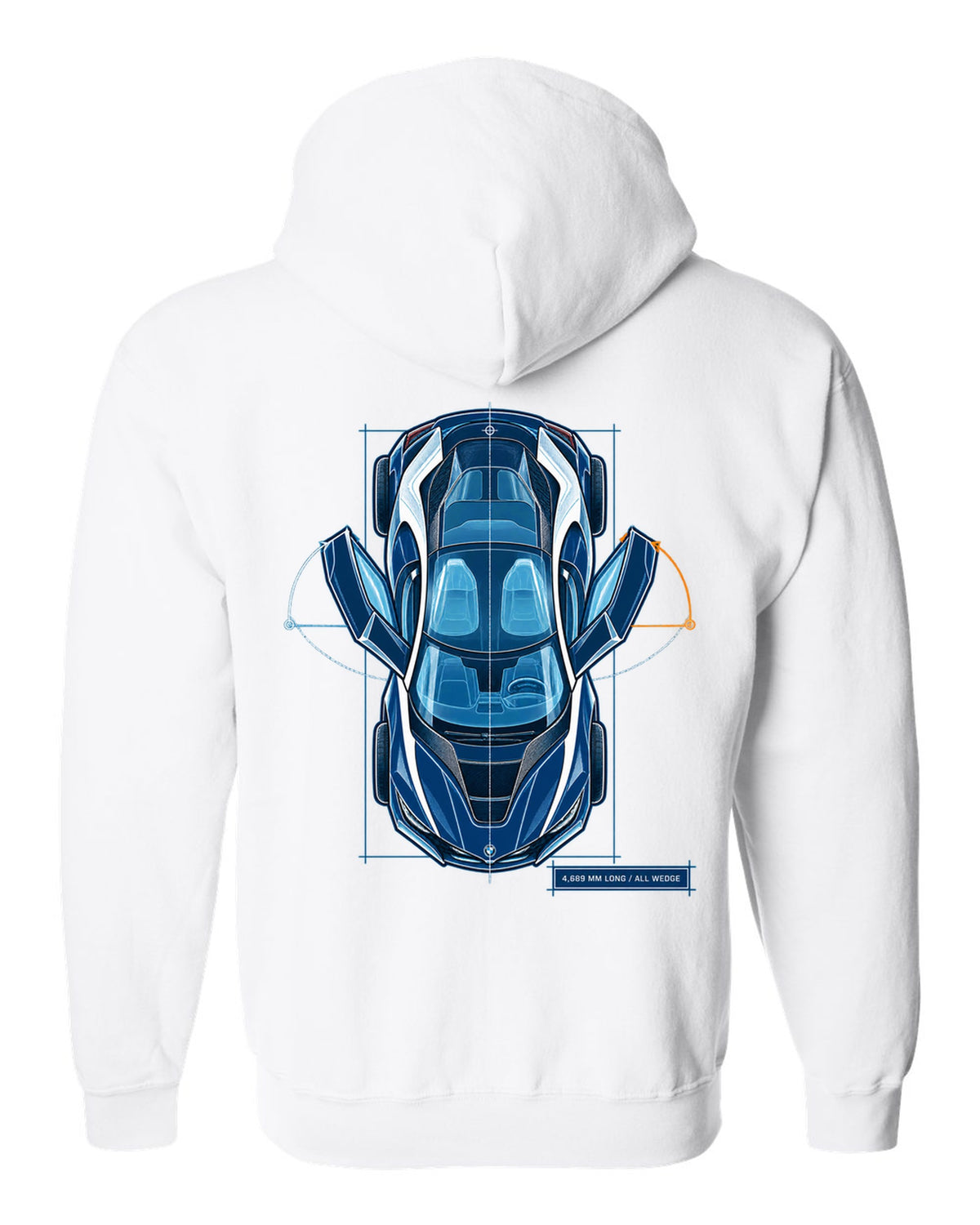 BMW i8 I12 cyanotype blueprint plan view print with 4,689 mm long text white zip hoodie back view with the design
