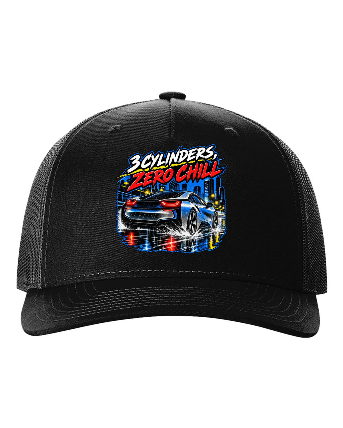 BMW i8 I12 retro manga halftone panel print with 3 cylinders zero chill text black hat front view with the design