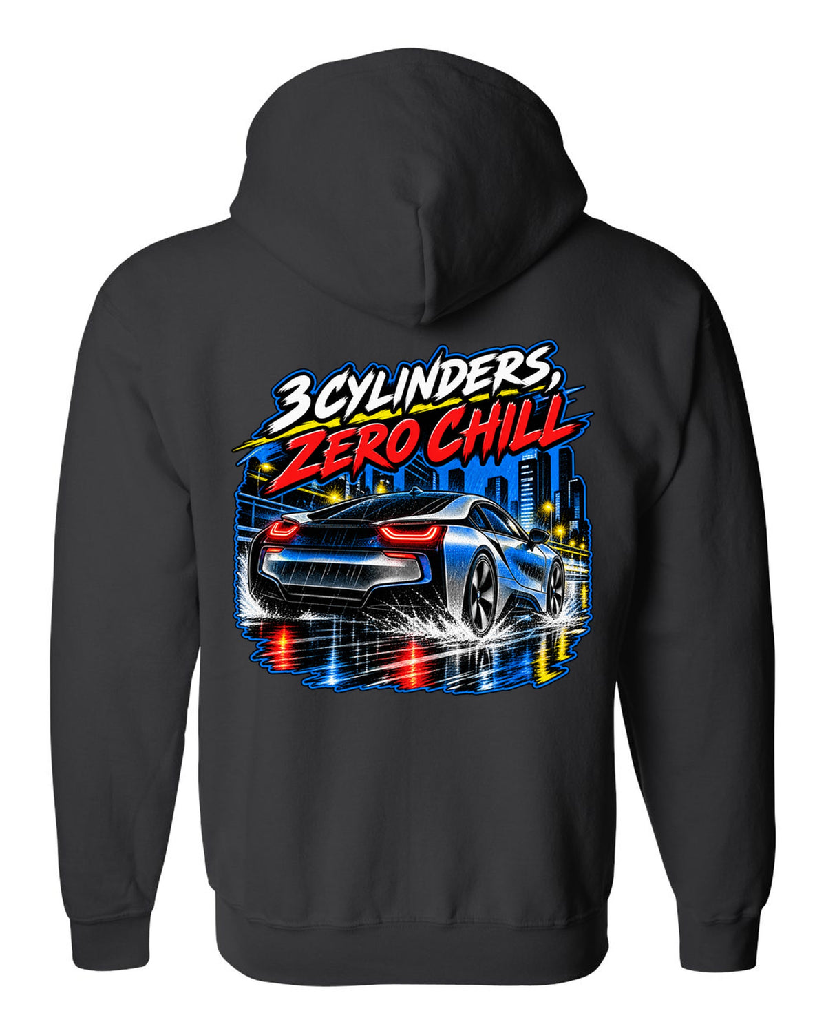 BMW i8 I12 retro manga halftone panel print with 3 cylinders zero chill text black zip hoodie back view with the design
