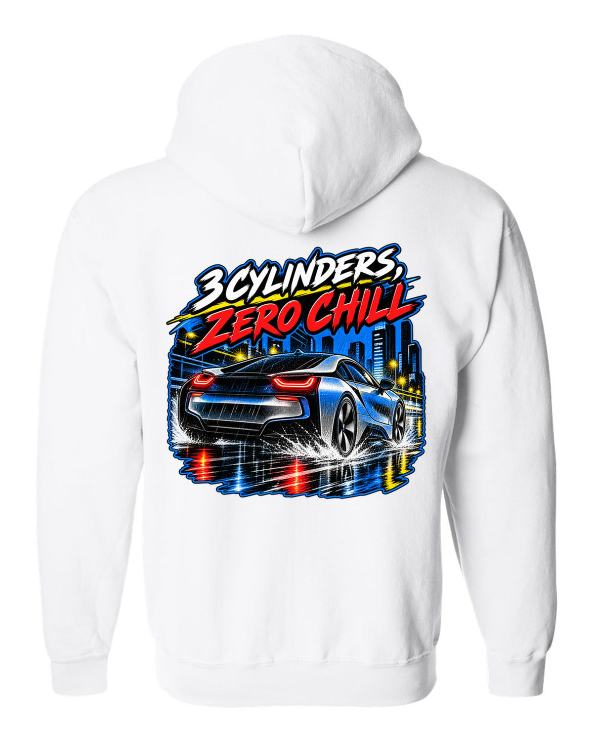 BMW i8 I12 retro manga halftone panel print with 3 cylinders zero chill text white zip hoodie back view with the design
