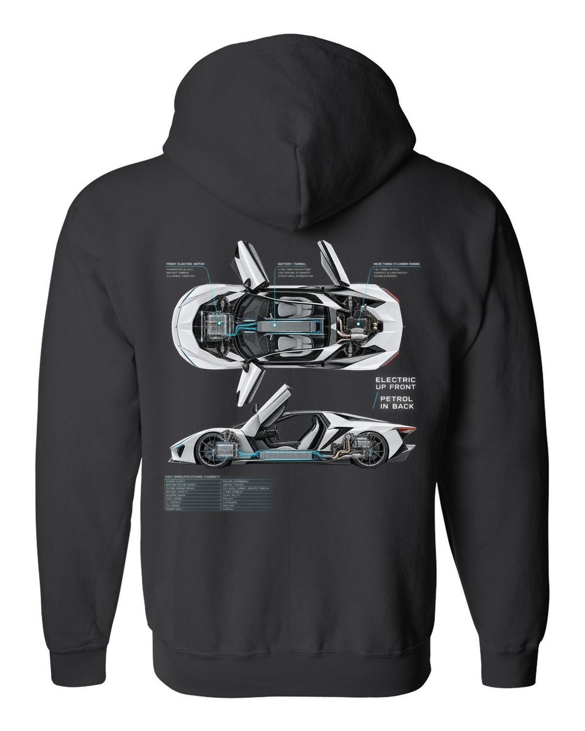 BMW i8 I12 spec poster print with electric up front petrol in back text black zip hoodie back view with the design