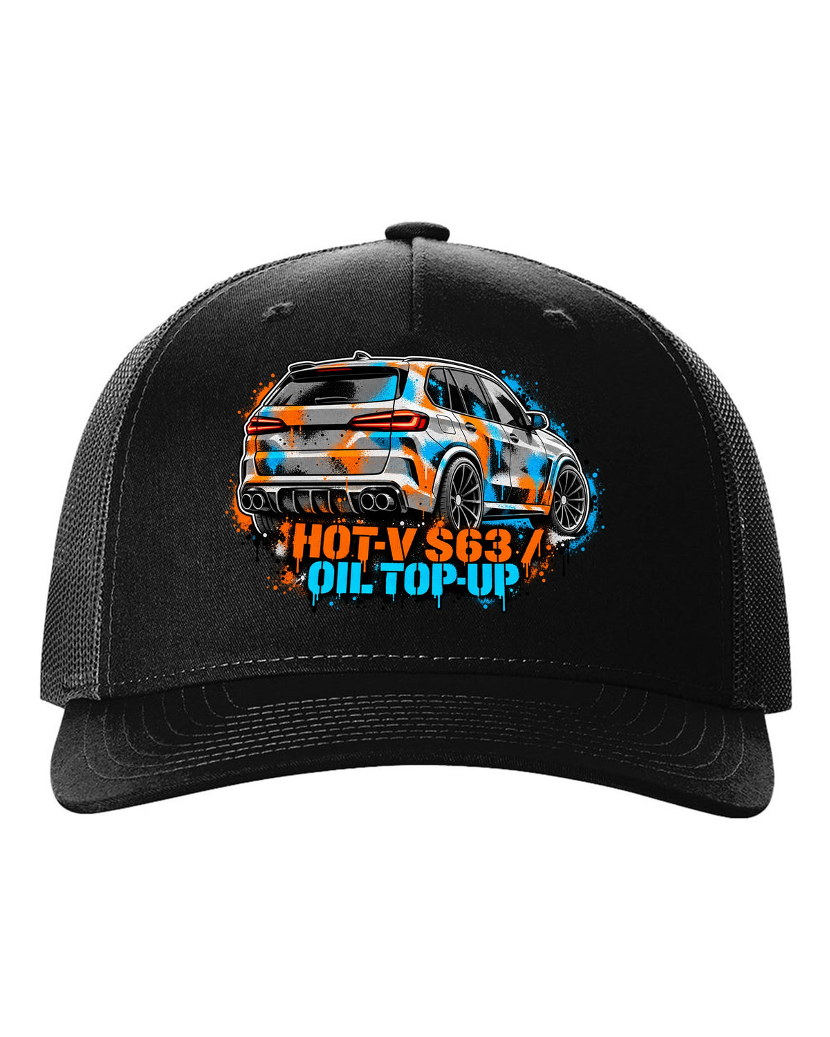 Varsity crest print of a BMW i8 I12 with silent electric range lettering black hat front view with the design