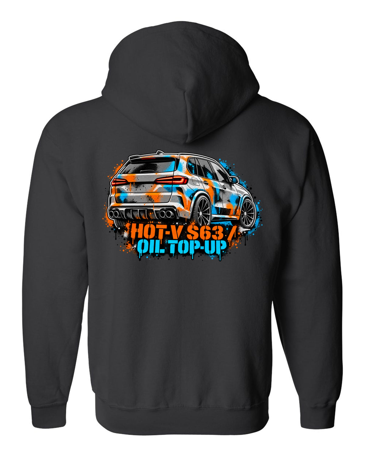 Varsity crest print of a BMW i8 I12 with silent electric range lettering black zip hoodie back view with the design