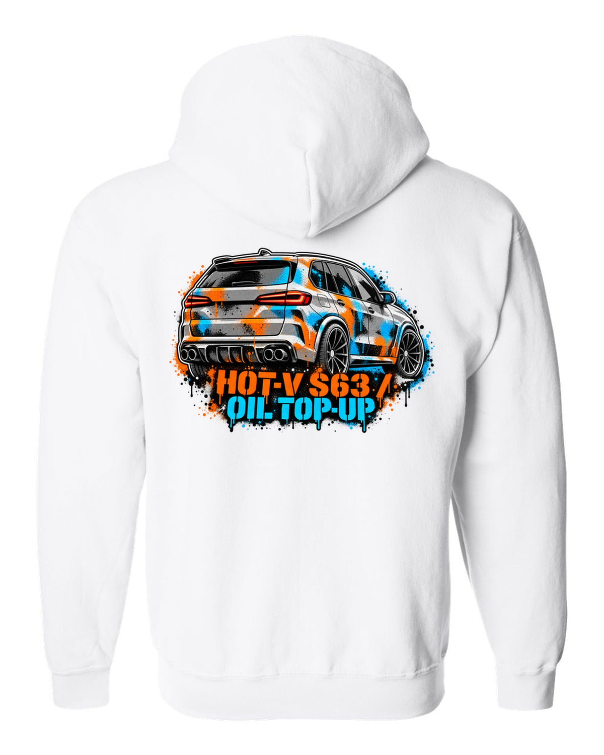 Varsity crest print of a BMW i8 I12 with silent electric range lettering white zip hoodie back view with the design