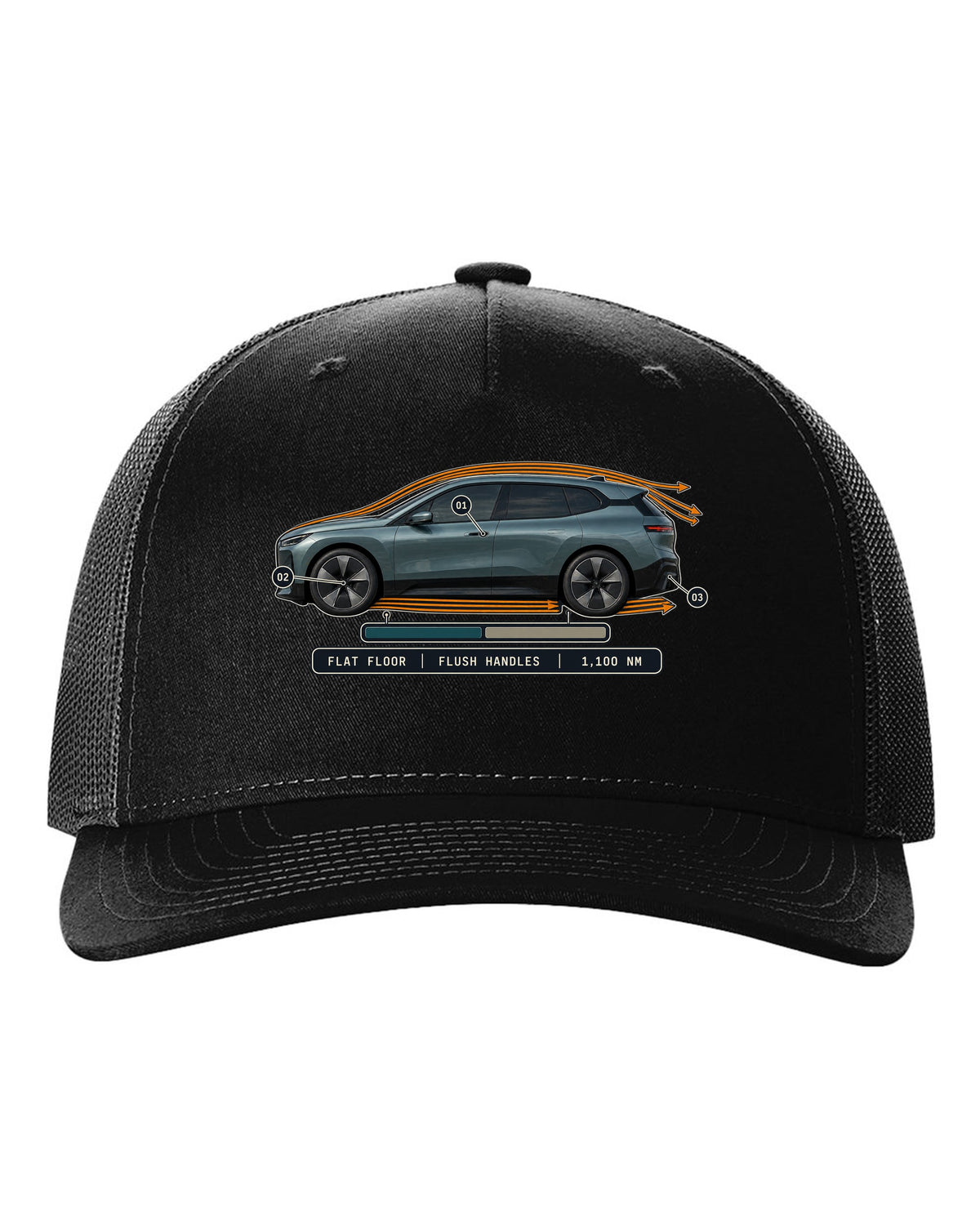 Aero cutaway callout print of the BMW iX M60 I20 with flush handles and flat floor black hat front view with the design