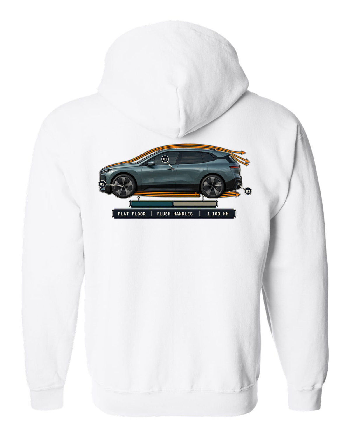 Aero cutaway callout print of the BMW iX M60 I20 with flush handles and flat floor white zip hoodie back view with the design