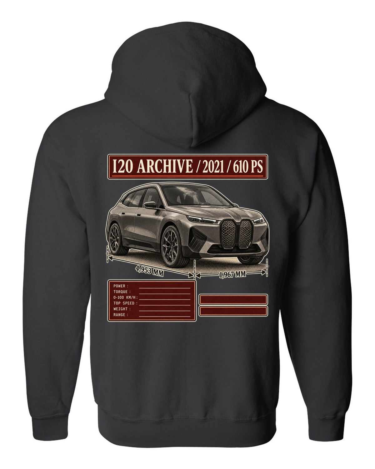 Archive panel print of the BMW iX M60 I20 with 2021 and 610 PS black zip hoodie back view with the design