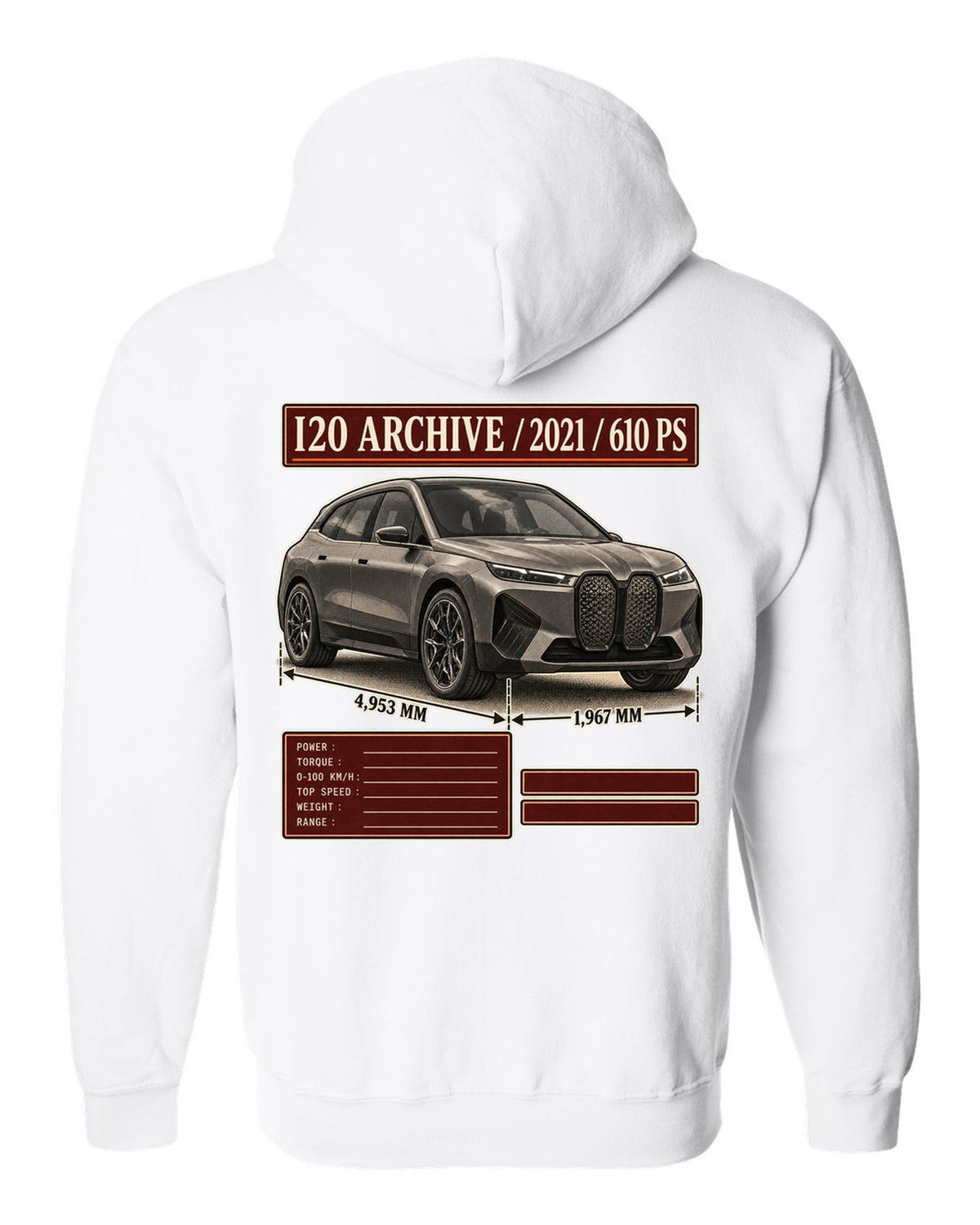Archive panel print of the BMW iX M60 I20 with 2021 and 610 PS white zip hoodie back view with the design