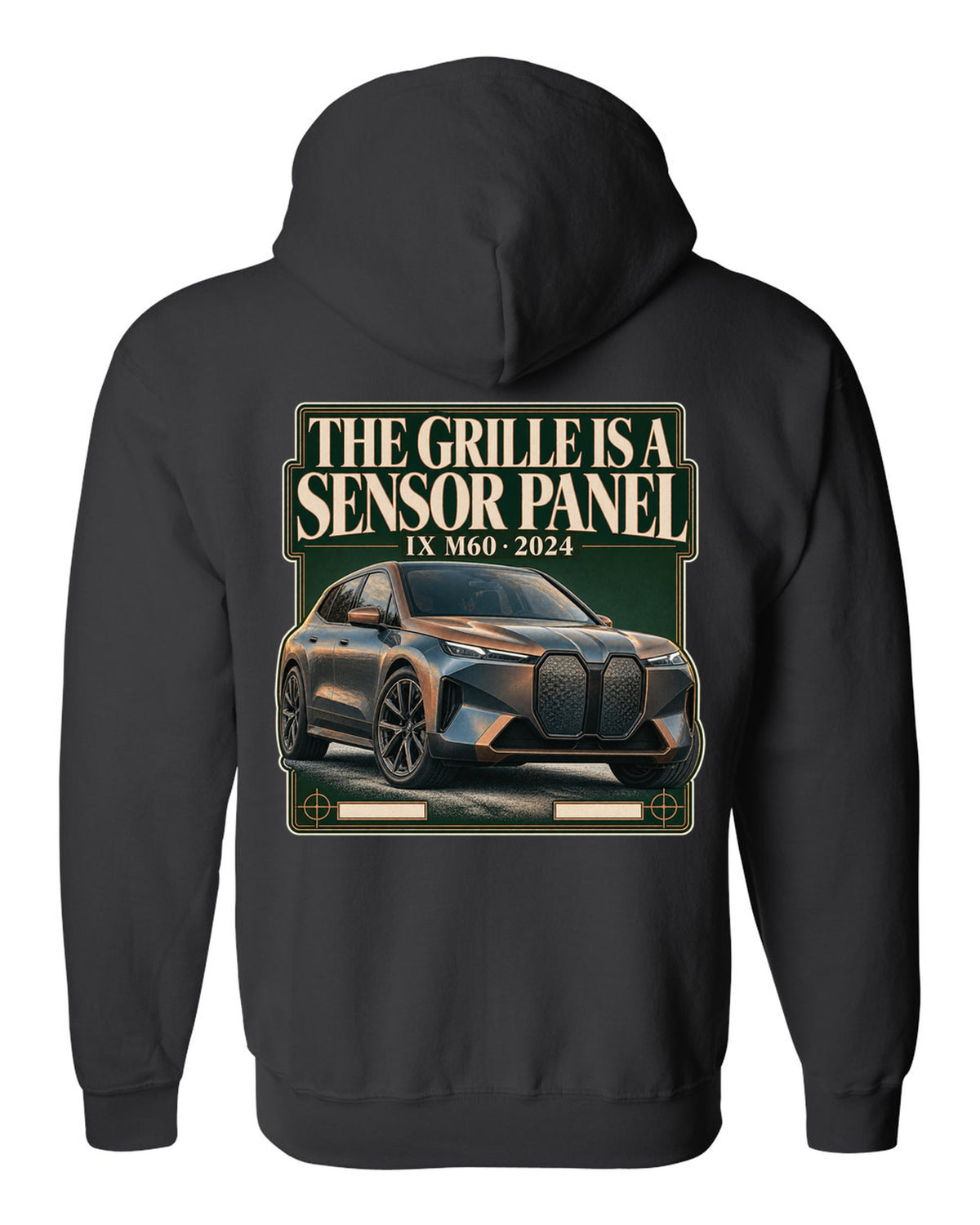 Editorial headline print for the BMW iX M60 I20 saying the grille is a sensor panel black zip hoodie back view with the design