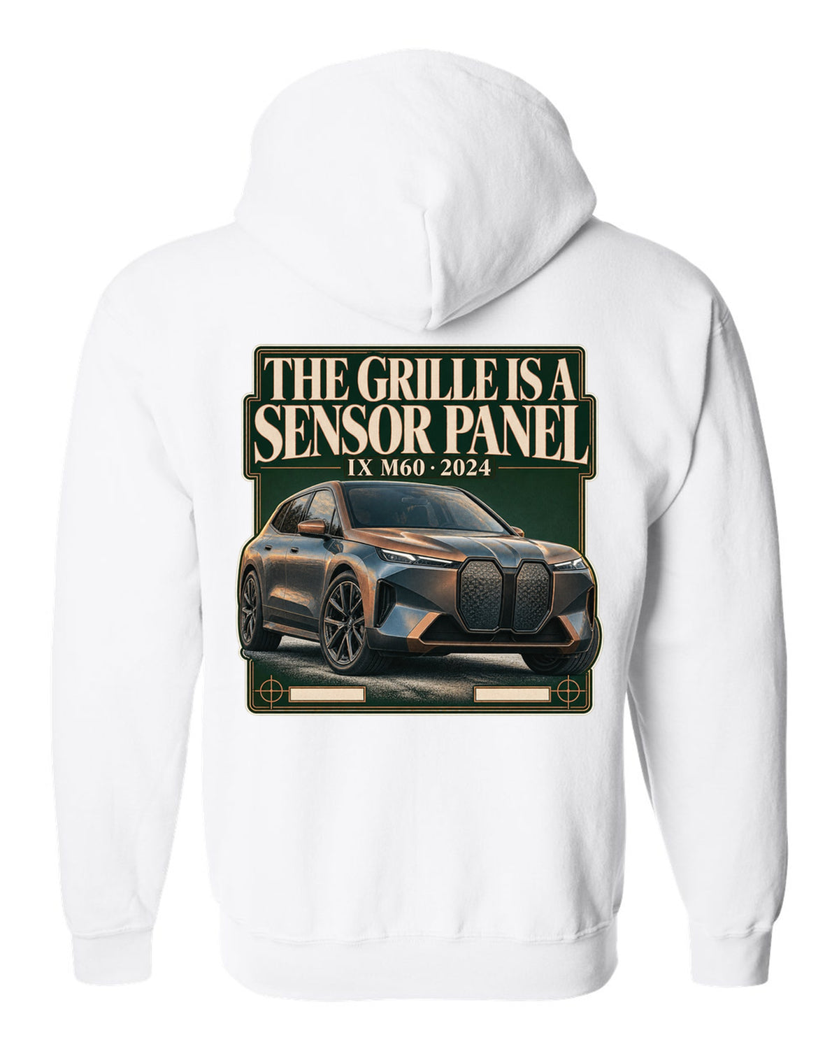 Editorial headline print for the BMW iX M60 I20 saying the grille is a sensor panel white zip hoodie back view with the design