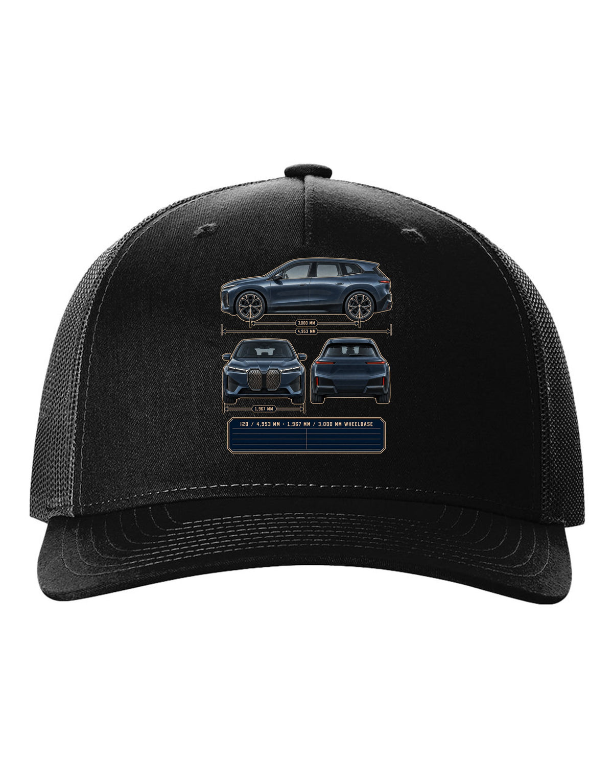 Three-view drawing and spec table print of the BMW iX M60 I20 black hat front view with the design