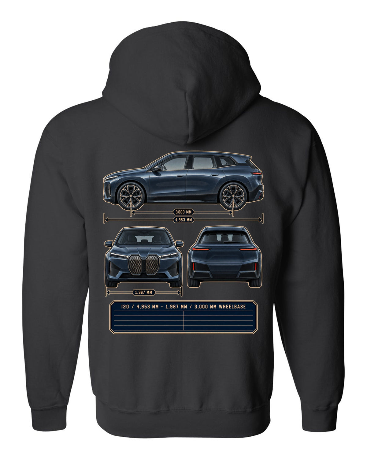 Three-view drawing and spec table print of the BMW iX M60 I20 black zip hoodie back view with the design