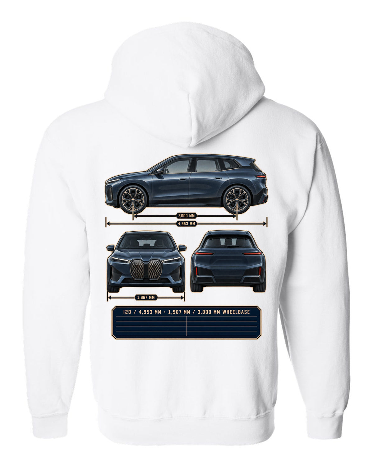 Three-view drawing and spec table print of the BMW iX M60 I20 white zip hoodie back view with the design