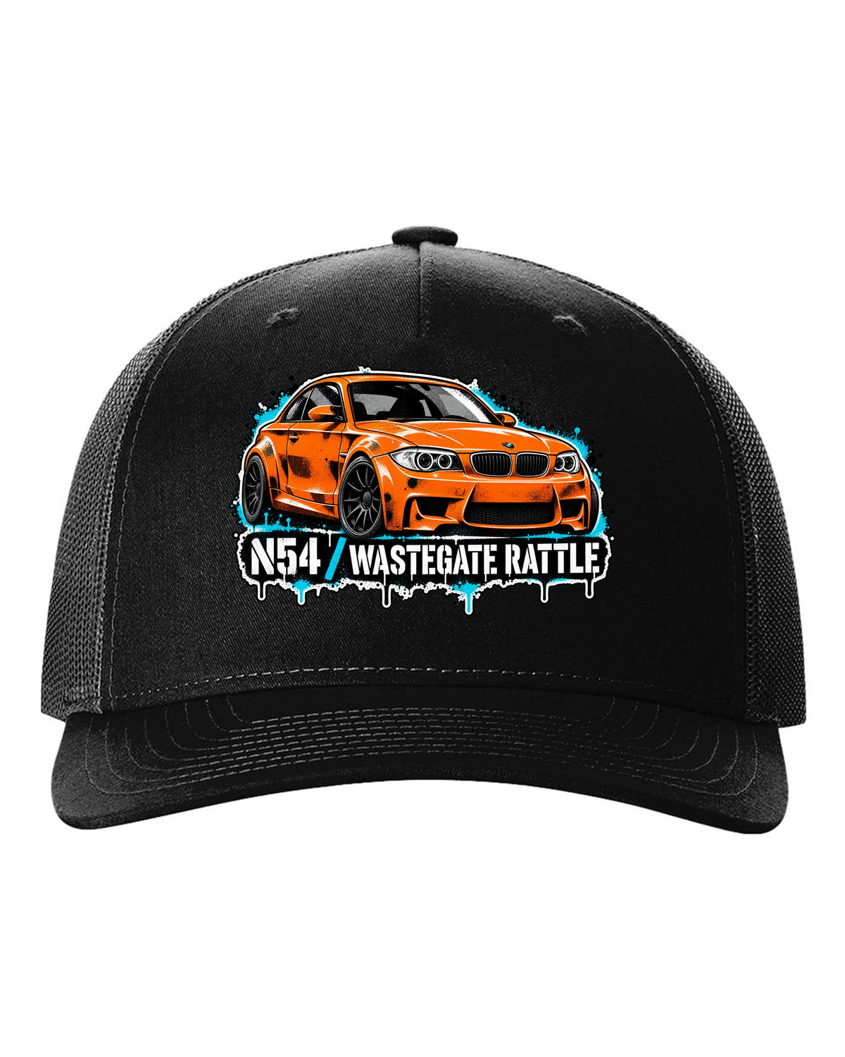 Embroidery-style varsity crest print of a BMW M1 E26 with louvre rear text black hat front view with the design