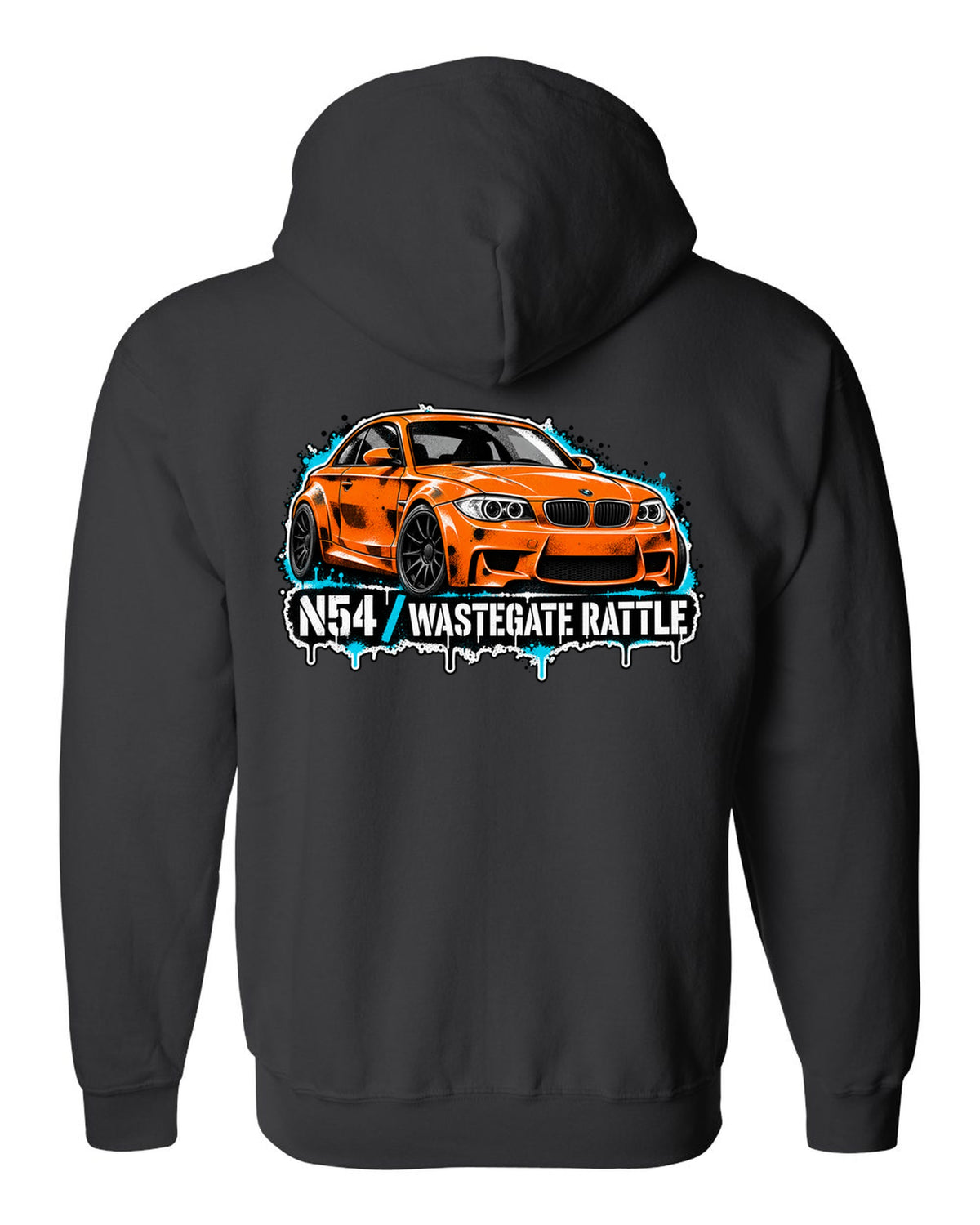 Embroidery-style varsity crest print of a BMW M1 E26 with louvre rear text black zip hoodie back view with the design