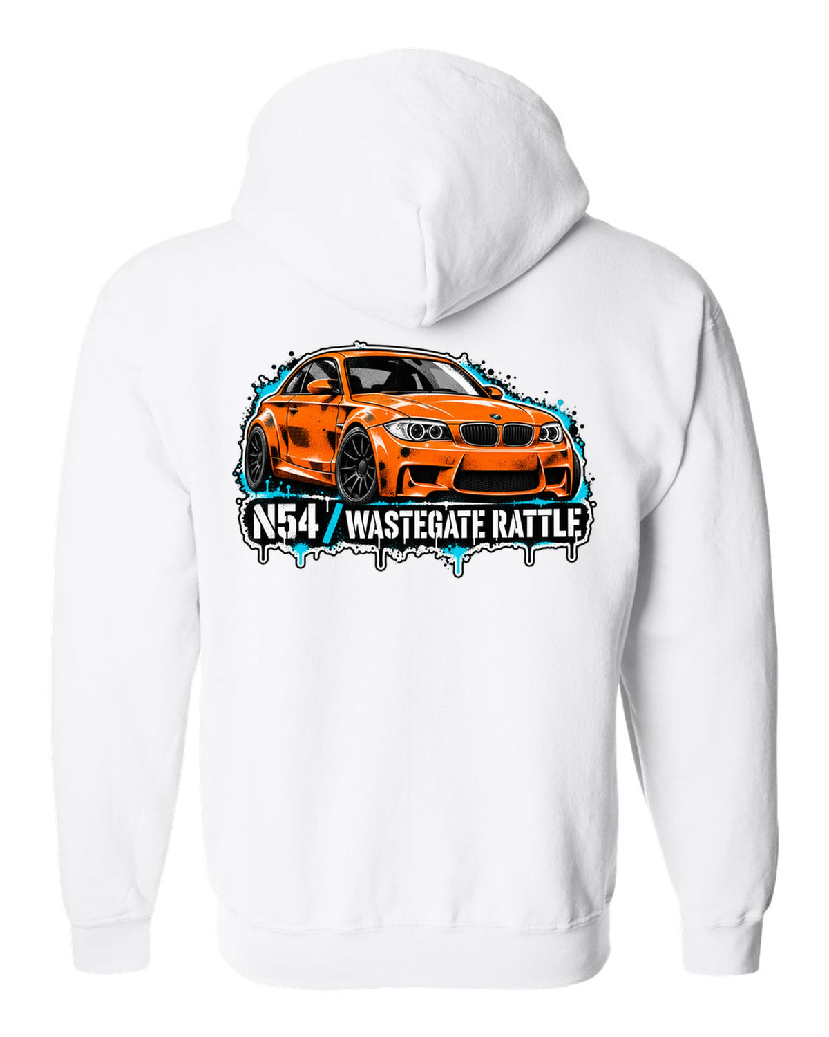 Embroidery-style varsity crest print of a BMW M1 E26 with louvre rear text white zip hoodie back view with the design