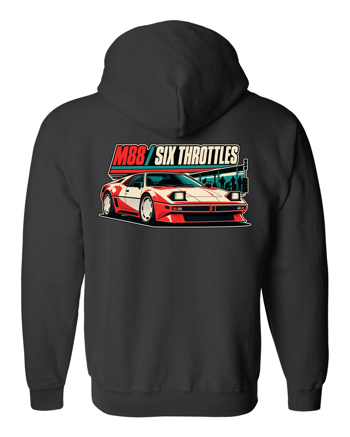 Vintage race poster print of a BMW M1 E26 with M88 six throttles lettering black zip hoodie back view with the design