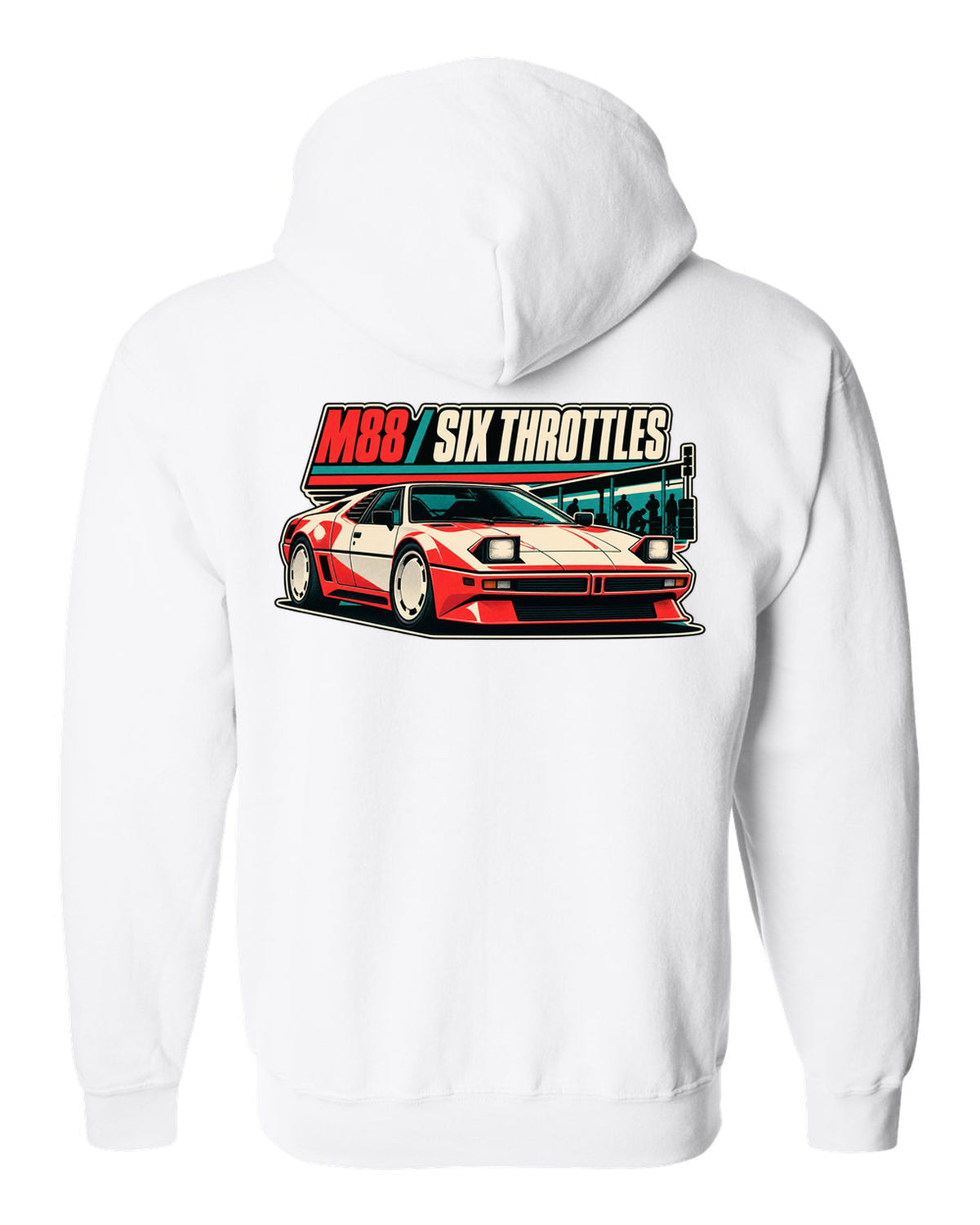 Vintage race poster print of a BMW M1 E26 with M88 six throttles lettering white zip hoodie back view with the design
