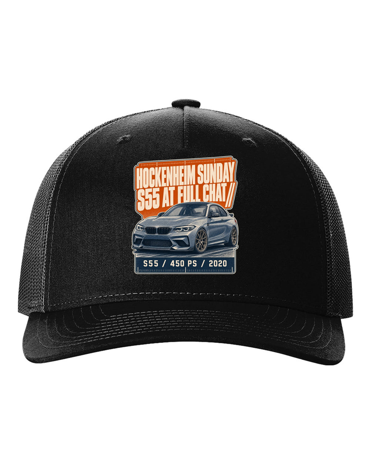 BMW M2 CS F87 halftone statement print with Hockenheim Sunday and S55 text black hat front view with the design