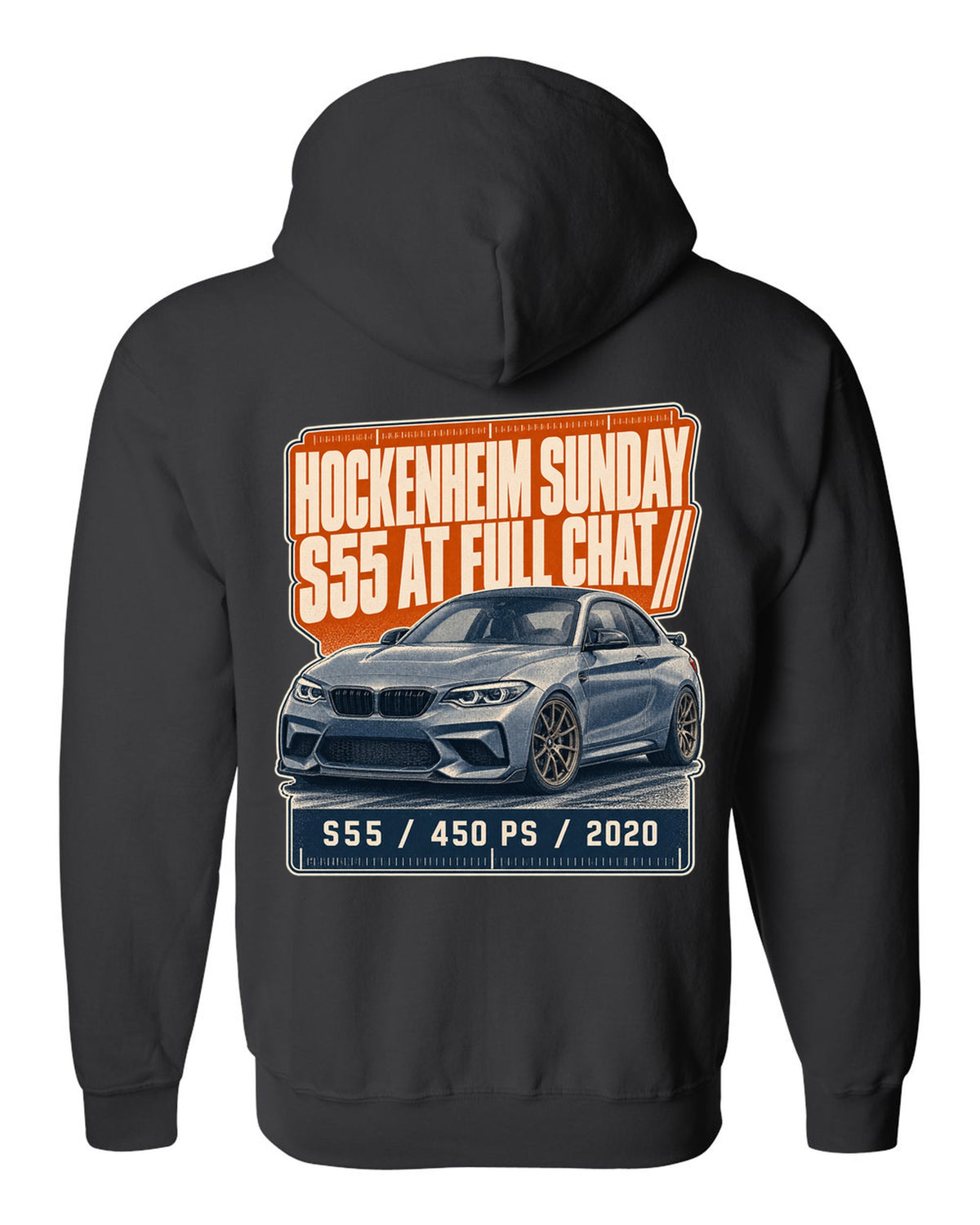 BMW M2 CS F87 halftone statement print with Hockenheim Sunday and S55 text black zip hoodie back view with the design