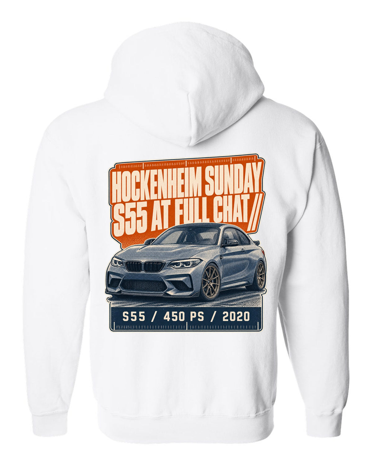 BMW M2 CS F87 halftone statement print with Hockenheim Sunday and S55 text white zip hoodie back view with the design