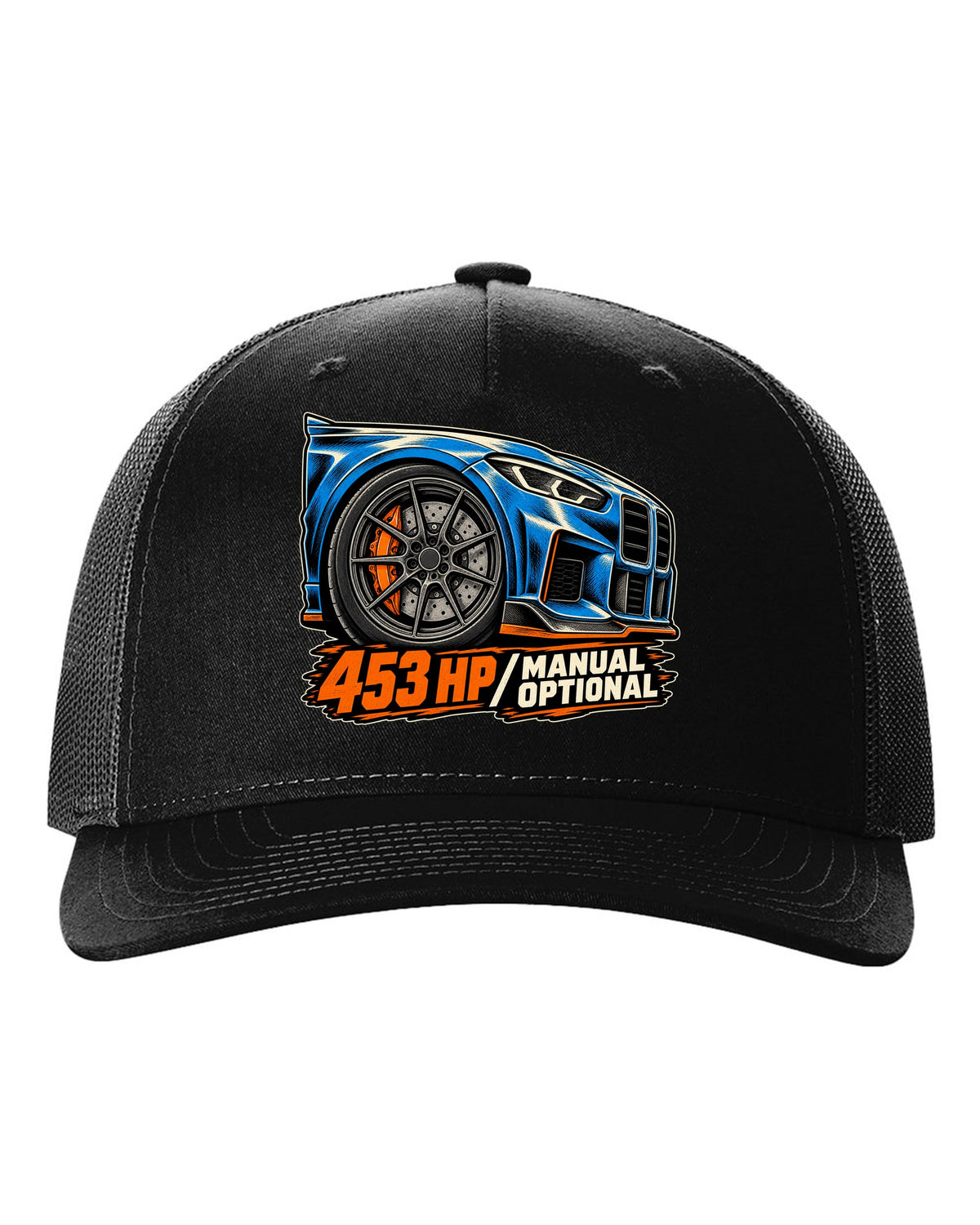 Embroidery-style shield crest print of a BMW M2 F87 with chargepipe fund text black hat front view with the design