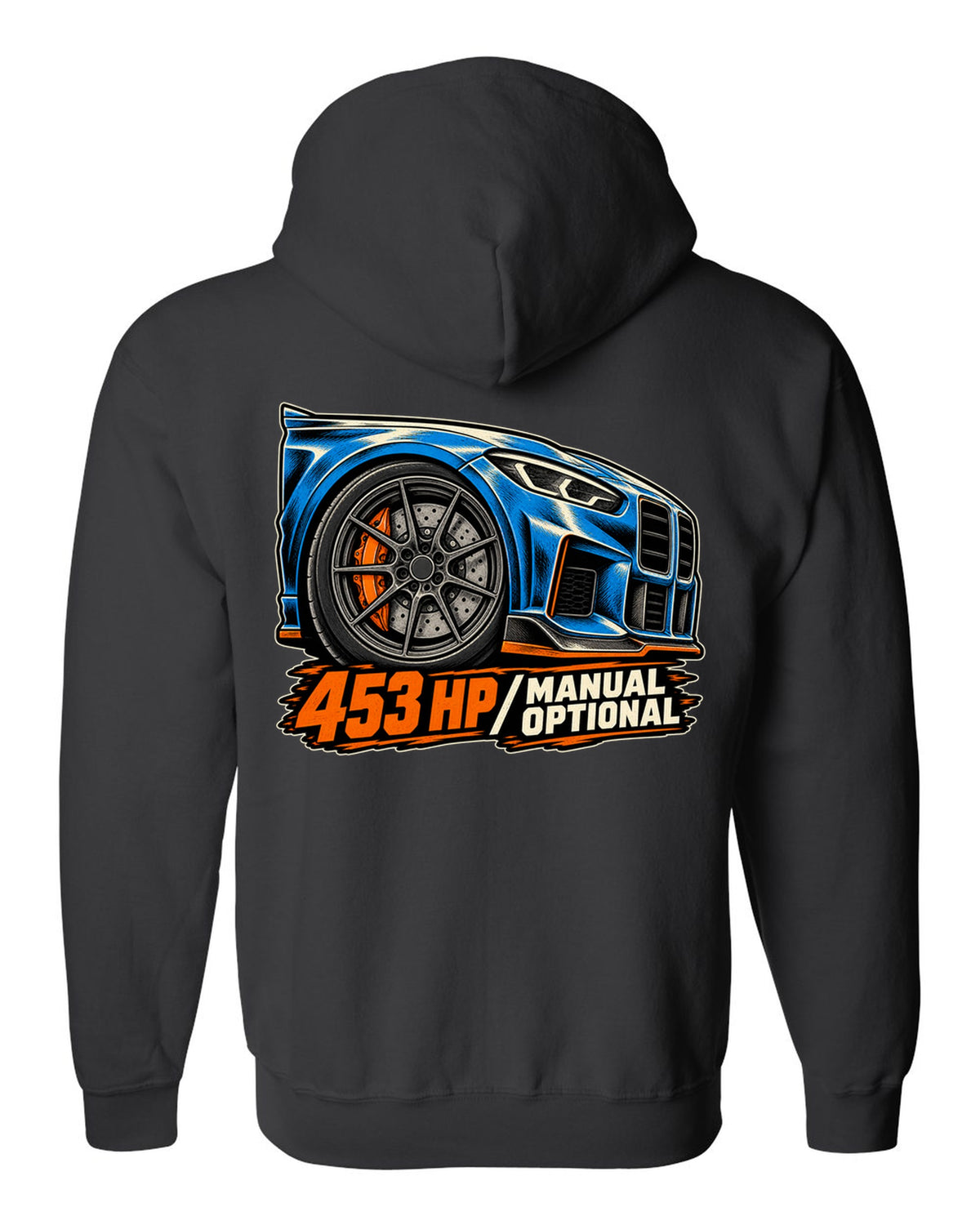 Embroidery-style shield crest print of a BMW M2 F87 with chargepipe fund text black zip hoodie back view with the design