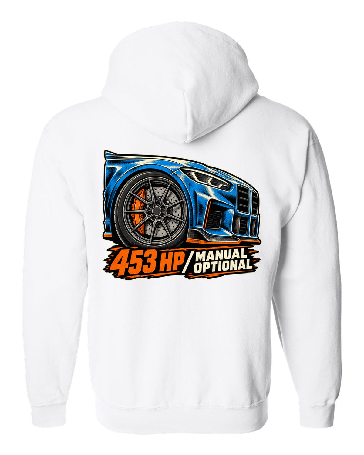 Embroidery-style shield crest print of a BMW M2 F87 with chargepipe fund text white zip hoodie back view with the design