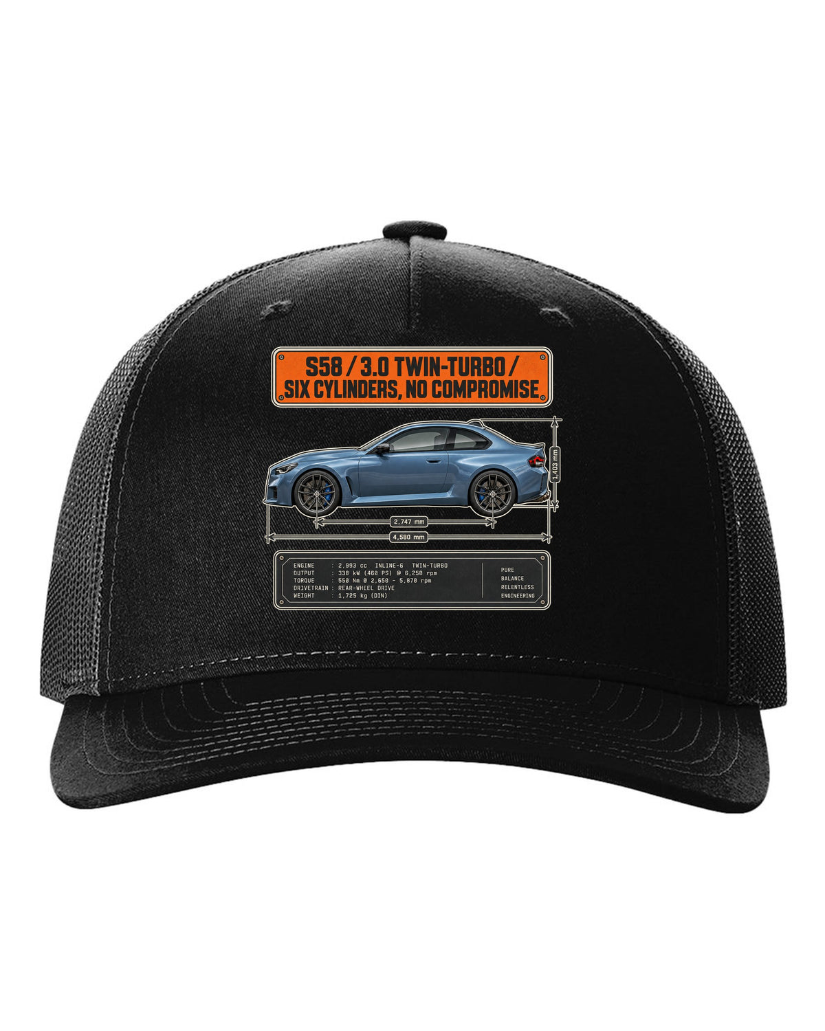 BMW M2 G87 dimension blueprint print with S58 3.0 twin-turbo text black hat front view with the design