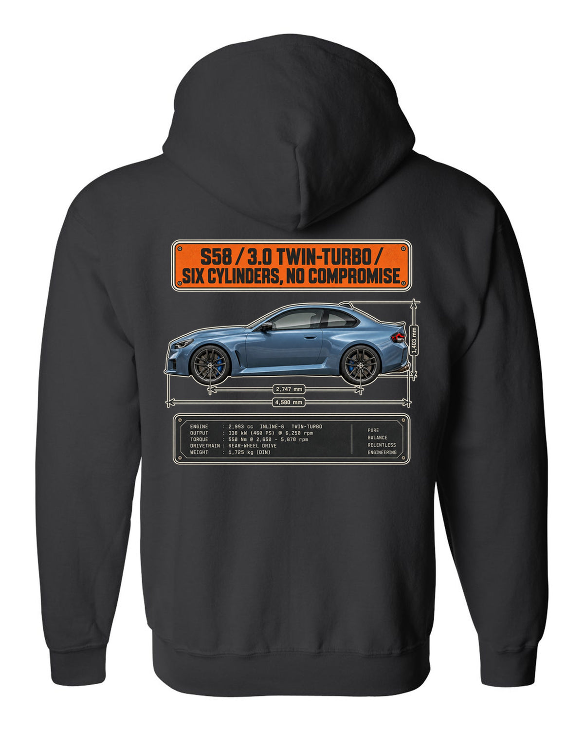 BMW M2 G87 dimension blueprint print with S58 3.0 twin-turbo text black zip hoodie back view with the design